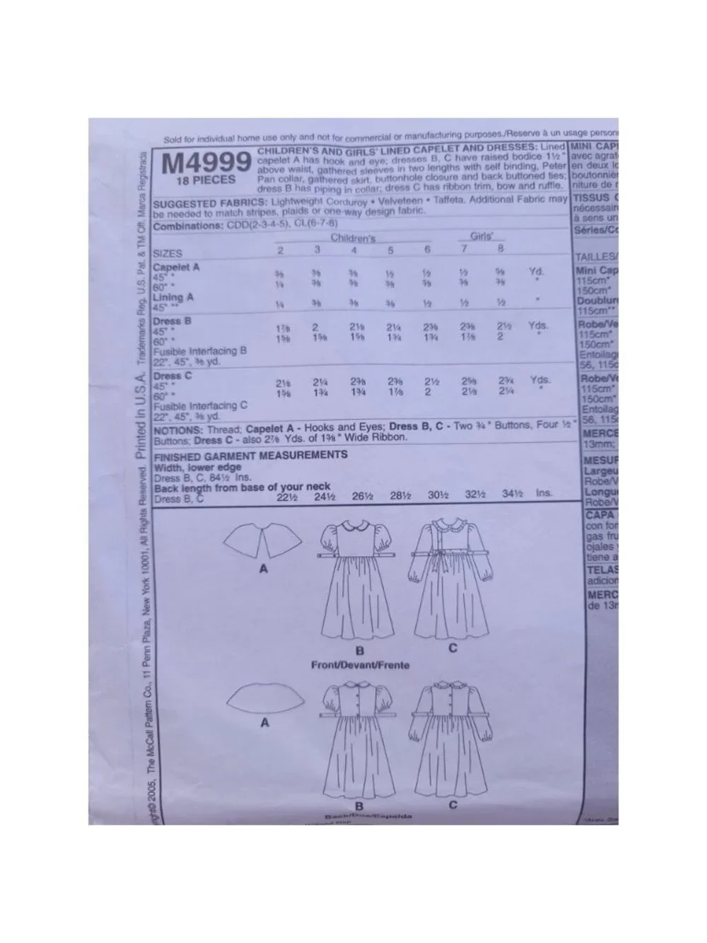 Vintage Sewing Pattern McCalls M4999 Child Girls Caplet & Dress Lined Sz 2-5 UC